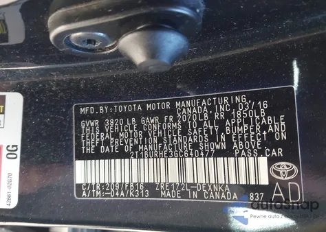 2016 Toyota Corolla Le z USA, uszkodzony, nr VIN 2T1BURHE3GC640477